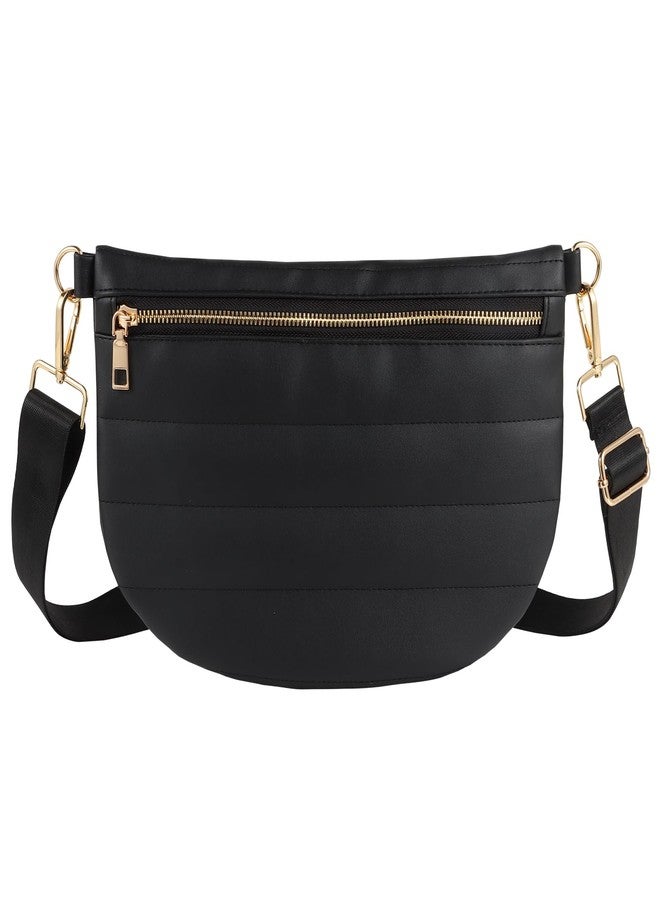Dealkion Quilted Puffer Leather Belt Bag for Women Puffer Crossbody Bags Puffy Sling Belt Bag Fanny Pack Bum Waist Chest Shoulder Bag for Women-Black - Image 1